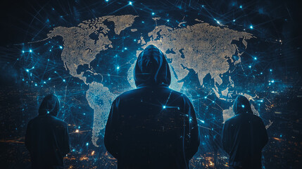 Hacker are planning to hack and attack networks and cyber security systems.team people innovation connection of line from nail node to node on map background , networking concept