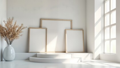 Leinwandbilder - White room with wooden frames. Empty frames on white wall. Stylish interior design. Modern, minimalist style. Natural light from window. Display space for artwork advertisement. Simple, clean decor.