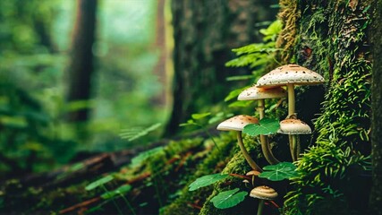 Poster - Mushrooms and fungi thrive on mossy tree trunk in lush forest, surrounded by vibrant greenery and plants, showcasing serene beauty of nature and woodland growth.
