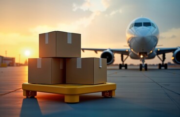 Cardboard boxes stacked on yellow pallet at airport tarmac. Airplane in background at sunset. Fast delivery, global transportation concepts. Photo ideal for e-commerce logistics business. Cargo