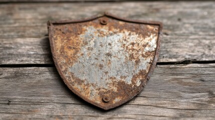 Wall Mural - Rusty shield-shaped metal plate on weathered wood.