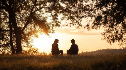 Wall Mural - Silhouetted couple conversing at sunset under a tree.