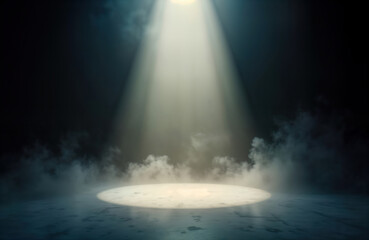 Aufkleber - Empty dark space illuminated by spotlight. Smoke mist creates mysterious atmosphere. Dramatic interplay of light, shadow on floor. Suitable for product presentations concerts as dramatic background