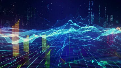 Poster - Dynamic waves of light create a stunning digital landscape at an innovative technology expo in the heart of the city. Generative AI
