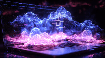 Poster - Stunning abstract image of glowing data particles emanating from a laptop screen, depicting digital transformation and technological innovation.