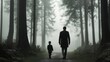 © musa - Father and son walking in a misty forest.