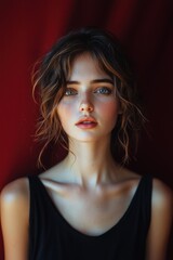 Wall Mural - Young woman with tousled hair and striking blue eyes poses against a deep red backdrop, showcasing natural beauty and grace