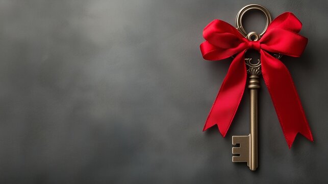 house key with red bow on gray background
