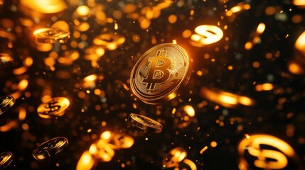 Poster - Gold coins with bitcoin and dollar symbols rotating on a black background with golden sparks, perfect for finance-related themes