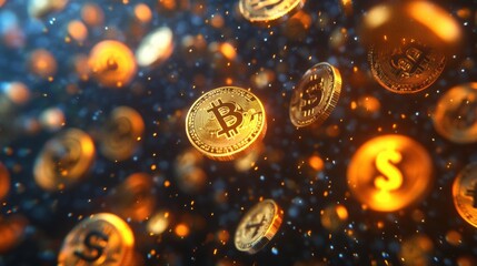 Poster - Gold coins with bitcoin and dollar sign rotating in the air with abstract glowing particles on a dark background