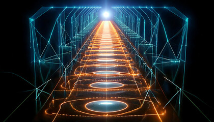 Poster - abstract glowing pathway leading to light. digital art depicting a futuristic, technological corrido