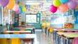 © NAIMAH - Festive classroom party, colorful balloons, decorations, children's artwork, education