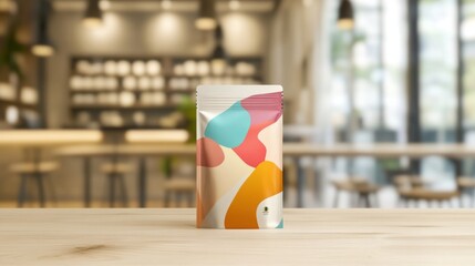 Aufkleber - A vibrant package with abstract patterns is centered on a wooden table, surrounded by a contemporary cafe atmosphere that features soft lighting and minimalist decor, enhancing its appeal.