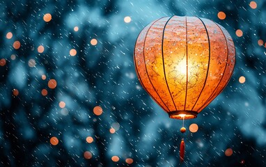 Poster - Glowing lantern in rain, bokeh background.