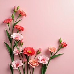 Wall Mural - Delicate pink flowers with green stems against a soft pink background