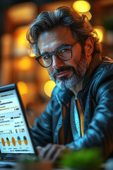 Poster - Confident mature man reviewing data on his laptop in a dimly lit cafe.  Stylish portrait showcasing a modern professional working late. Ideal for business, technology, and lifestyle concepts.