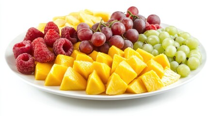 Wall Mural - A refreshing fruit platter with a variety of sliced fruits including mango, pineapple, grapes