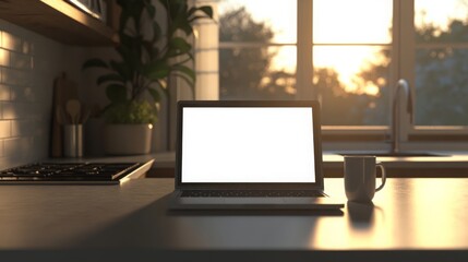 Poster - A laptop sits on a kitchen counter beside a coffee cup, bathed in warm morning sunlight streaming through a window. The peaceful atmosphere suggests a perfect start to the day.