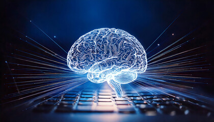 Poster - Stunning abstract image of a glowing brain above a laptop keyboard, symbolizing AI, neural networks, or digital intelligence. Perfect for tech, science, and innovation concepts.