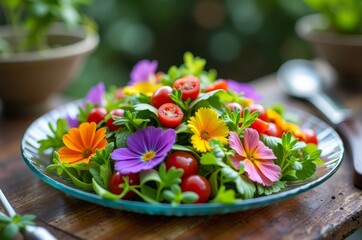 Poster - Fresh greens, cherry tomatoes, and edible flowers create a vibrant and healthy salad