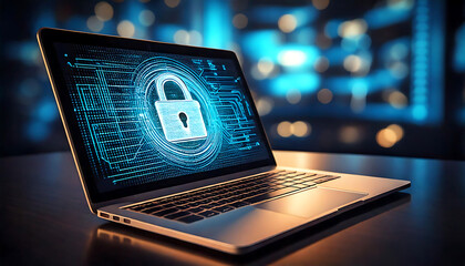 Poster - Cybersecurity concept: A laptop displays a glowing padlock graphic on its screen, symbolizing digital protection. Ideal for illustrating online security, data privacy, or tech articles.