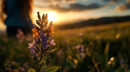 Wall Mural - Sunset Serenity: A Single Flower in a Golden Meadow