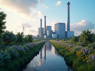 A serene landscape with a river, flowers, and a power plant in the background