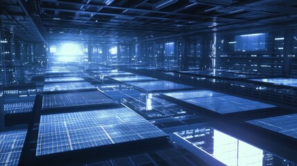 Poster - Complex network of interconnected servers processing and exchanging data, creating a futuristic landscape illuminated by glowing blue light, symbolizing artificial intelligence and big data