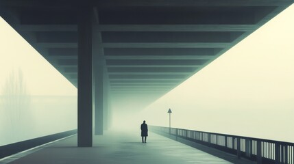 Wall Mural - solitary figure walking under a foggy bridge.