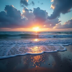 Wall Mural - The sun sets over the ocean, casting a warm glow on the waves