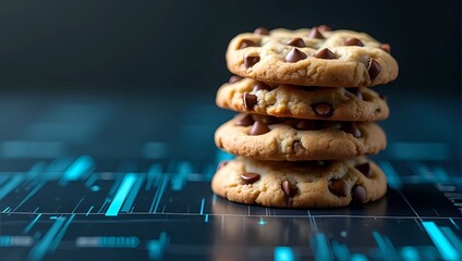 Stack of chocolate chips cookies on futuristic data background, copy space. Online privacy, data protection, and internet security. Accept Website cookie concept 