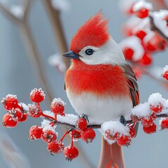 bright red bird perched on snowy berries in a winter landscape during daylight