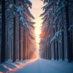 Poster - A serene winter landscape with snow-covered trees and a warm sunset