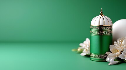 Green cylindrical container with gold accents, white dome top, and white flowers on green background.