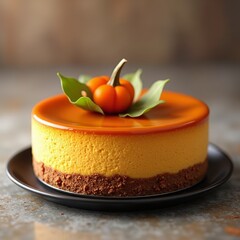 Canvas Print - A delectable pumpkin cheesecake with a graham cracker crust and orange glaze, topped with a small pumpkin and leaves