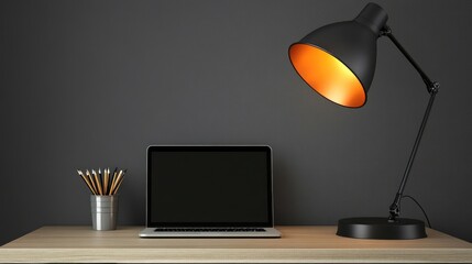 Poster - A minimalist home office with a laptop and a stylish desk lamp in warm lighting.