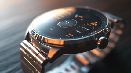 Fototapete - A contemporary smartwatch rests on a wooden table, displaying its digital interface with various settings. The metallic strap complements its sophisticated appearance and advanced technology.