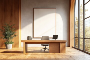 Fototapete - Modern office interior design with wooden accents and natural light in minimalistic workspace