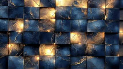 Poster - Artistic geometric pattern with shimmering gold accents on a deep blue background capturing a modern aesthetic. Generative AI