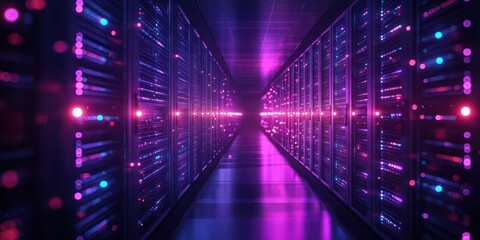 Fototapete - Futuristic Data Center with Neon Lights and High-Tech Server Racks in Vibrant Purple and Blue