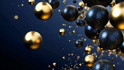 Poster - Discover the magical dance of golden and black spheres against a deep blue backdrop in a vibrant celebration of abstract art. Generative AI