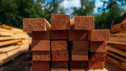 Wall Mural - Close-up of freshly cut wooden planks stacked neatly in a lumber yard surrounded by greenery