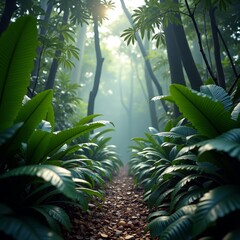 Wall Mural - A serene forest path, bathed in sunlight, surrounded by lush greenery