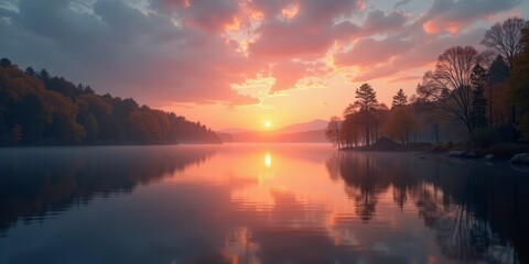 Wall Mural - A serene lake scene with a majestic sunset