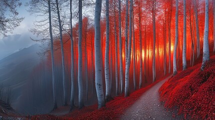 Canvas Print - Magical sunset path through red forest.