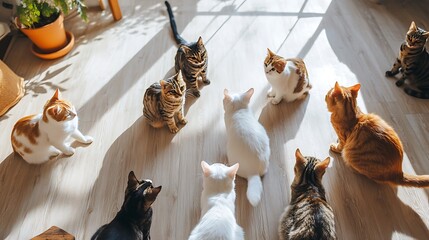 Wall Mural - a group of cats sitting in a circle intently staring down at the floor in a bright living room