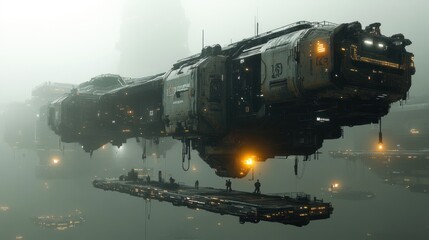 Wall Mural - Futuristic spaceship hovering over foggy alien landscape, docking with platform.