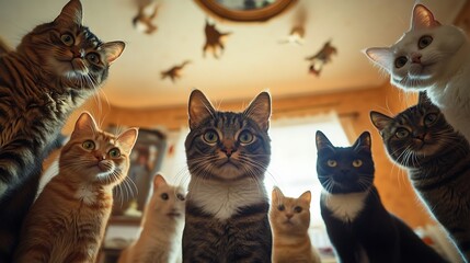 Wall Mural - a group of cats standing in a circle focused on something unseen beneath them in a cozy home