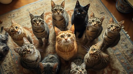 Wall Mural - a group of cats standing in a circle focused on something unseen beneath them in a cozy home