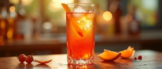 Wall Mural - A refreshing orange cocktail, garnished with an orange slice and ice cubes, served in a tall glass